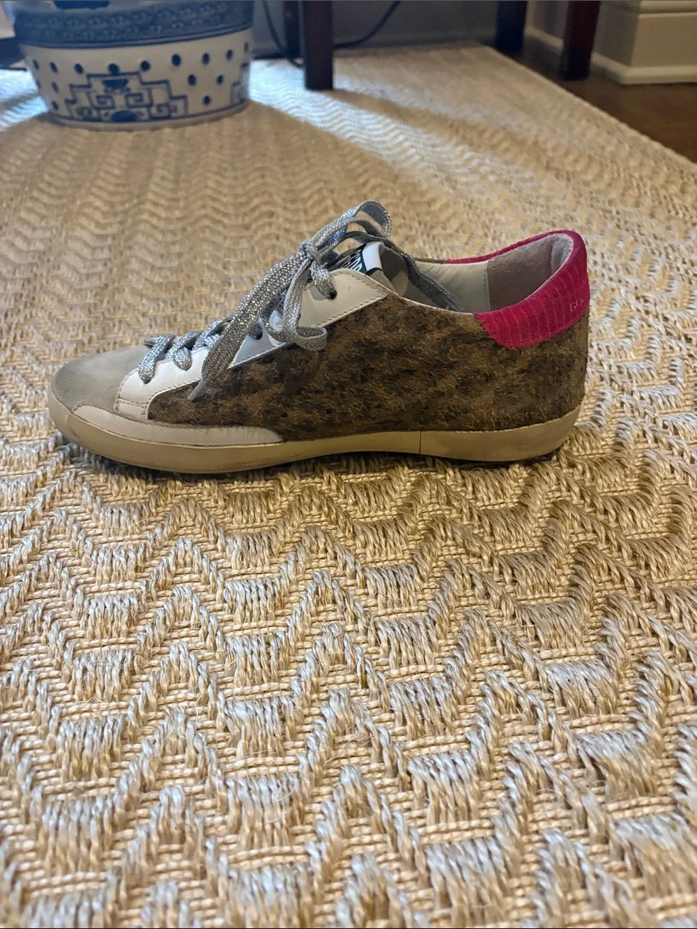 Golden Goose Leopard Print Sneakers with Blue Star Accent